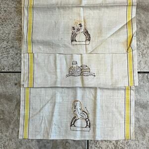 Vintage Linen Tea Towel Yellow Stripes Embroidered Peanut Onion Kitchen Decor